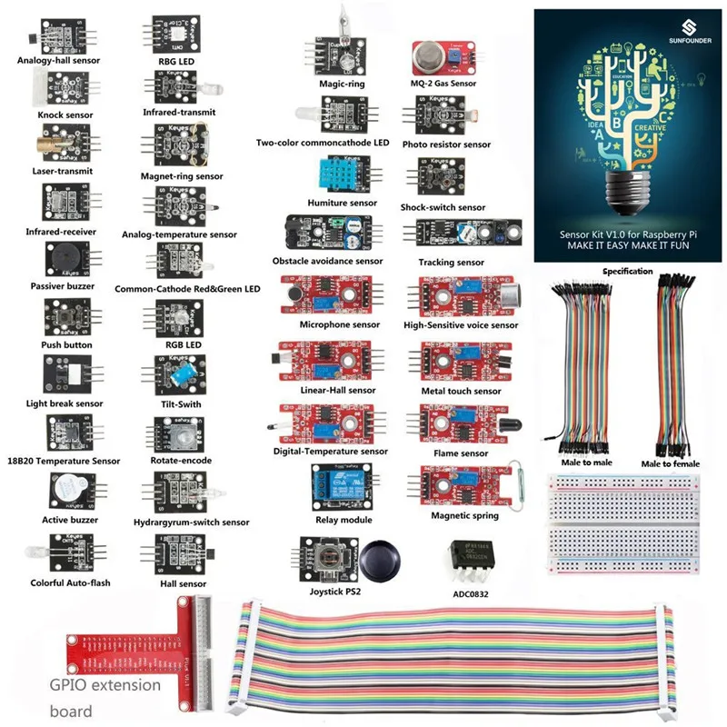 Базовый комплект датчиков SunFounder для Raspberry Pi 3 2 и RPi 1 Модель B + с 40 контактным
