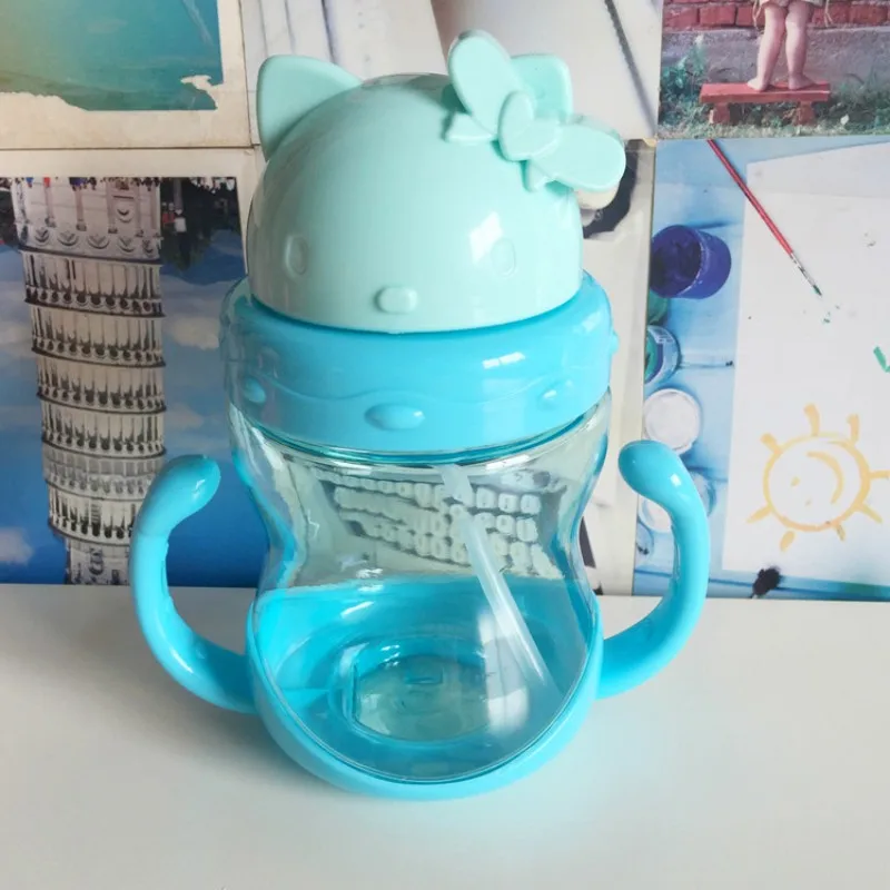 Детские чашки и непроливайки детские обучающие бутылки для питьевой воды бутылочки для кормления с ручками соломенная чашка 350 мл - Цвет: BLUE