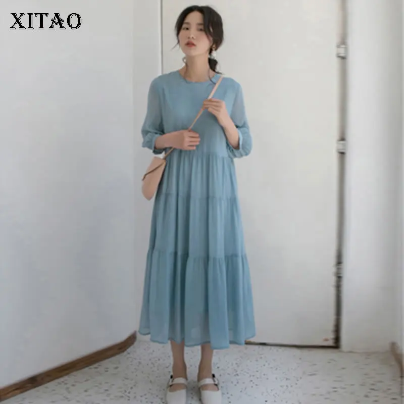 XITAO Chiffion лоскутные плиссированные летние миди-платья одежда для женщин пуловер с