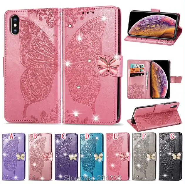 C-ku для Iphone 8 7 PLUS 6 6S X XS MAX XR Алмазный блестящий чехол-кошелек с бабочкой кожаный