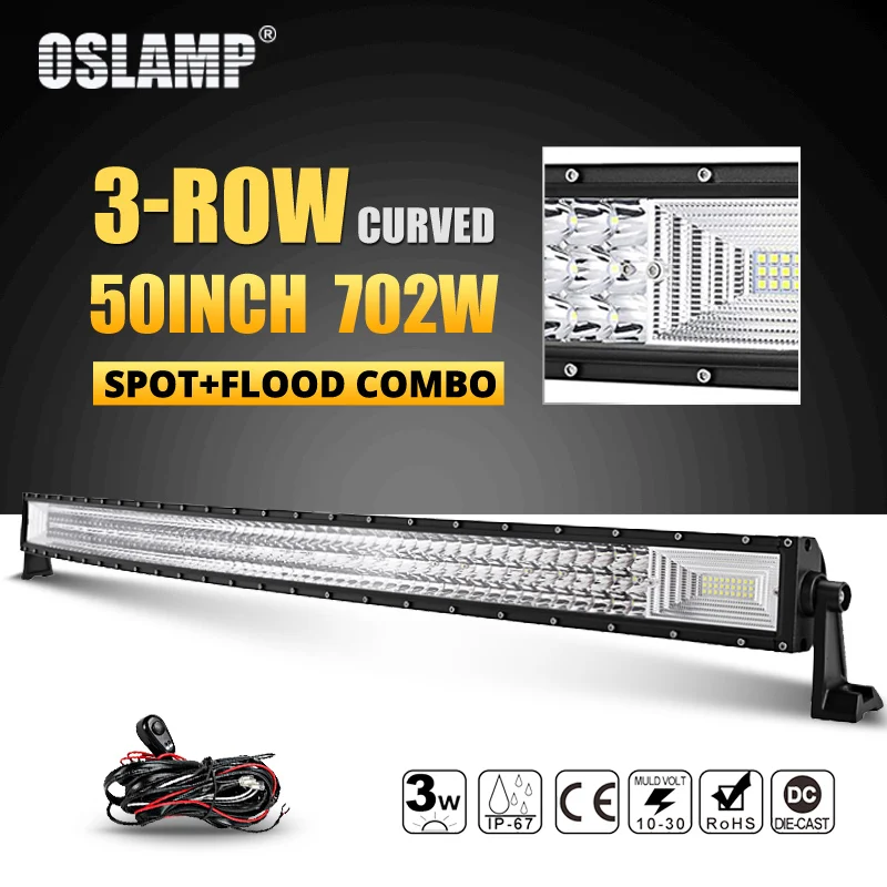 50inch and wire Oslamp 3 ряд 2" 324 Вт 34" 486W 4" 594 Вт 52" 702 Вт изогнутый СВЕТОДИОДНЫЙ светильник бар Offroad светодиодный бар пятно луча СВЕТОДИОДНЫЙ рабочий светильник бар 12v 24v - Цвет: 50inch and wire