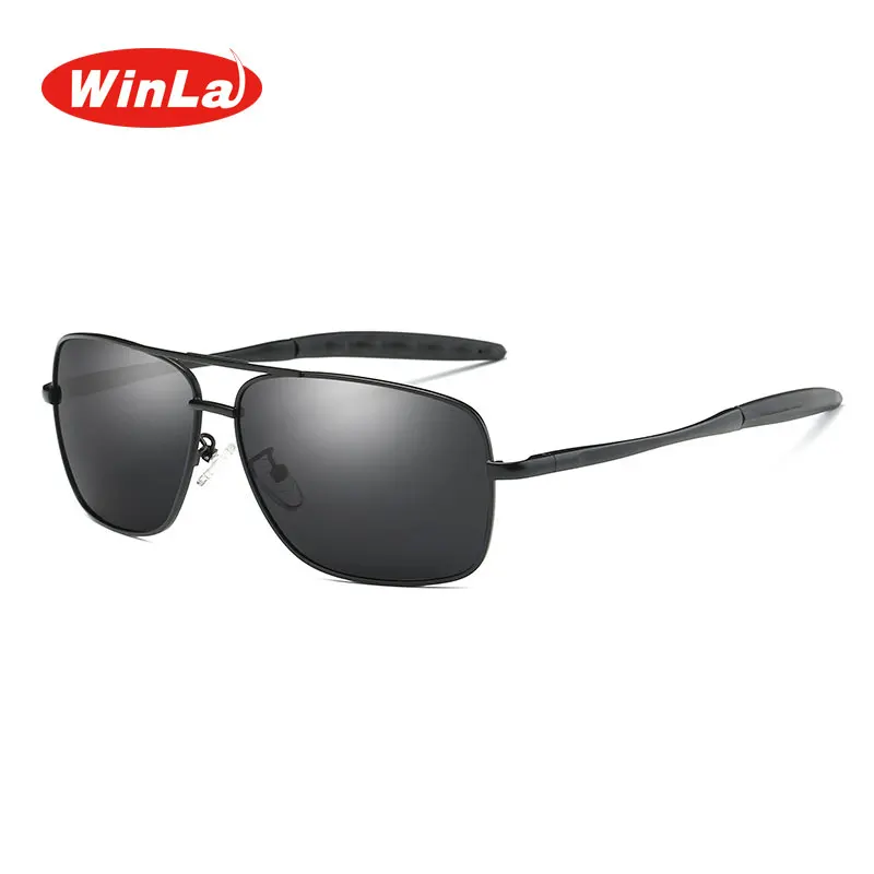 C1 Black frame gray Winla Brand Design Classic Pilot Driving Polarized Sunglasses Men Eyewear Square Metal Frame Vintage Male Oculos UV400 WL8021 - Цвет линз: C1 Black frame gray