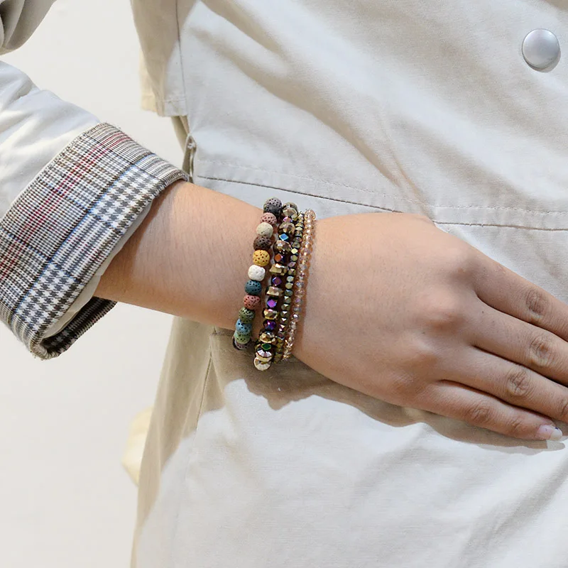 BOJIU 4 Pcs/Set Colored Hematite Lava Stone Bracelets For Women Faceted Brown Gold Crystal Bead Bracelet Female Jewelry BCSET188 | Украшения