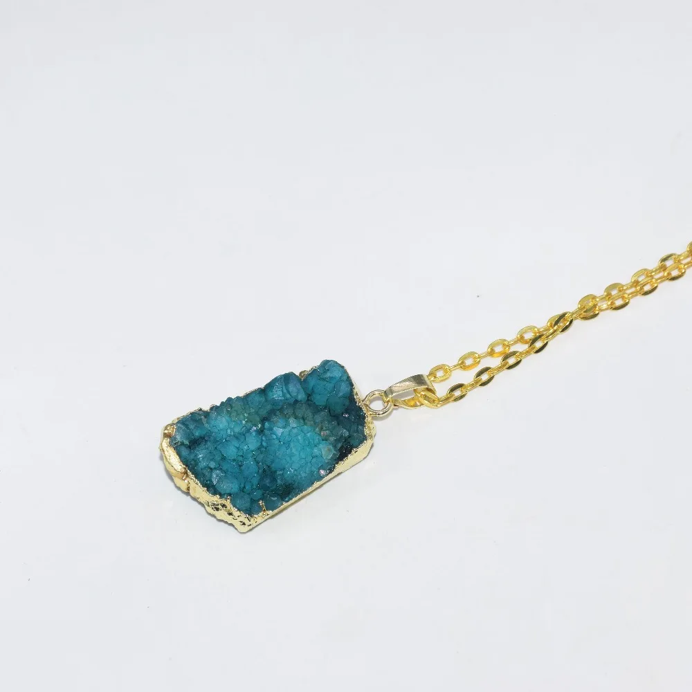 Geode Druzy Crystal Quartz Pendant Necklace Blue Irregular Energy Custom Adjustable stone gold chain women long necklace 2019 | Украшения и