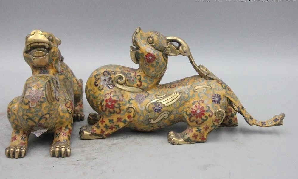 Китайская королевская Бронза Медь cloisonne эмаль Foo собака статуэтка единорога