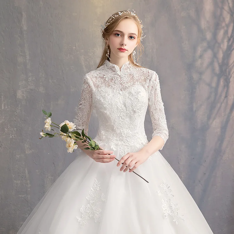 

Wedding Dress 2019 New Stand Collar White Lace Flower Wedding Dress Small Trailing Romantic Elegent Wedding Dress