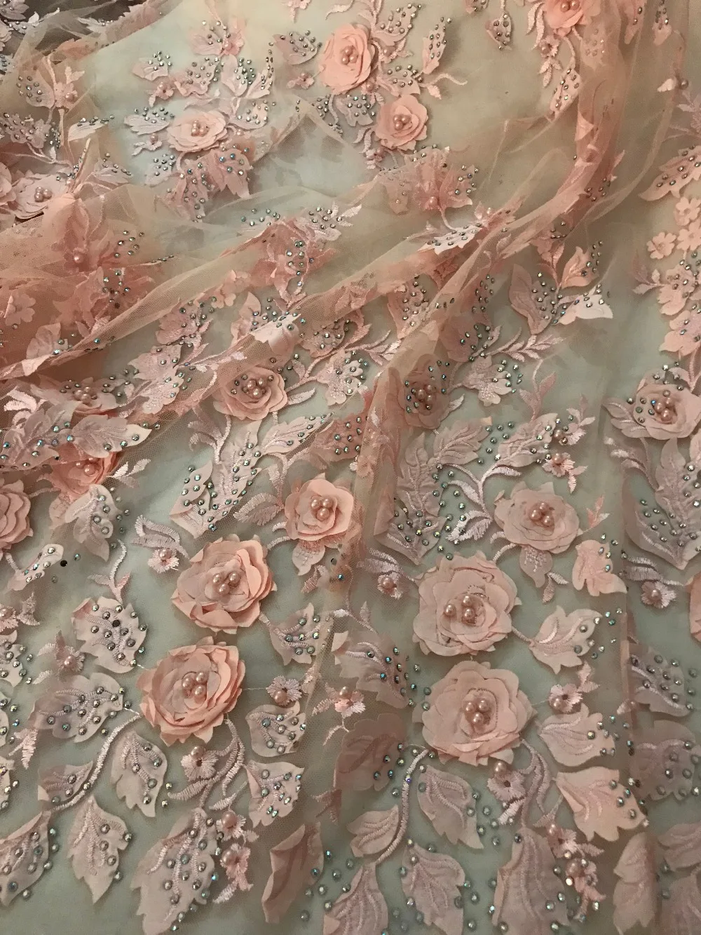

french net fabric SYJ-6123 with stones elegant 3d flower Embroidered tulle fabric for sexy dress
