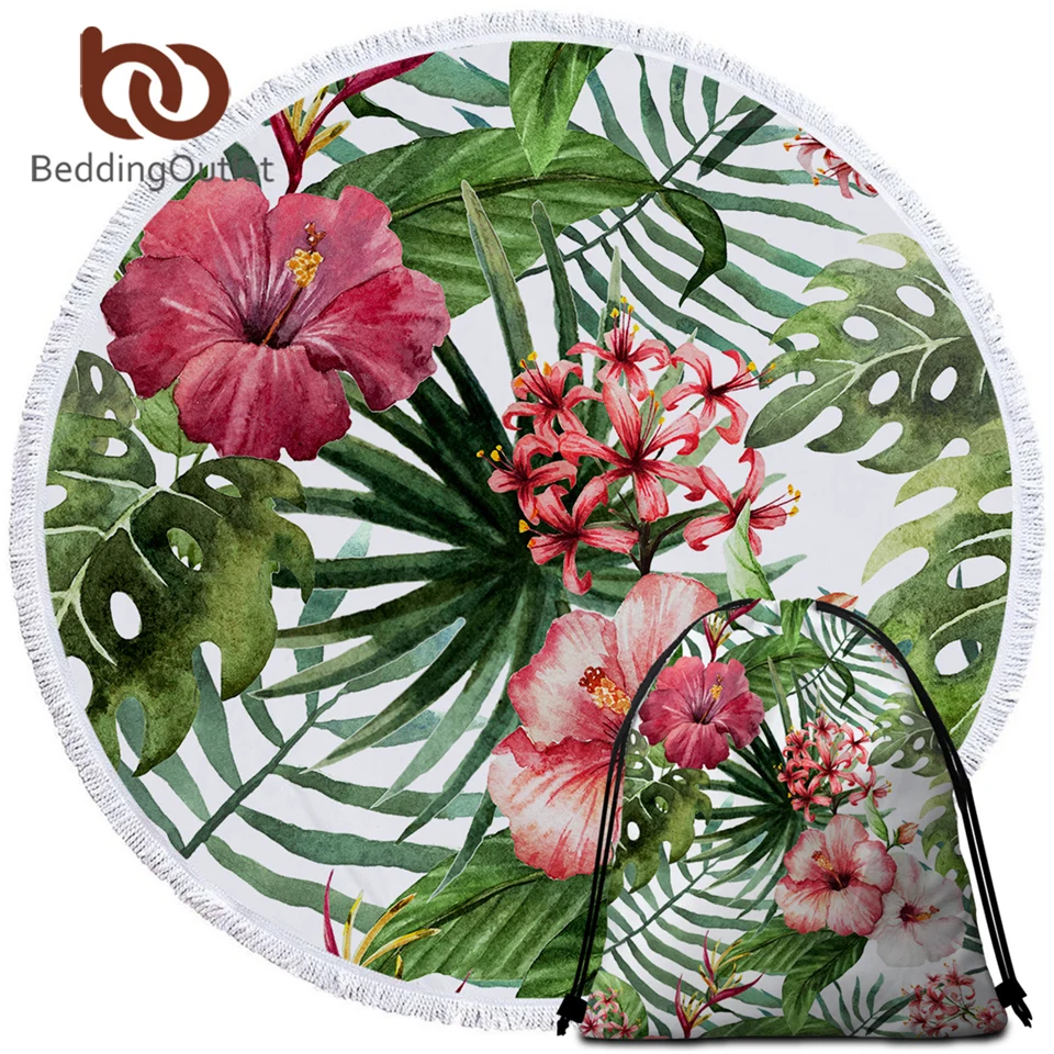 Круглое пляжное полотенце BeddingOutlet с цветами банное из микрофибры листьями и