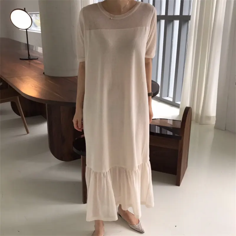 HziriP Loose Trumpet Korea 2019 Summer Elegant Chic Fresh Slender Casual Mermaid Thin Short Sleeves Women Free Beige Dresses | Женская