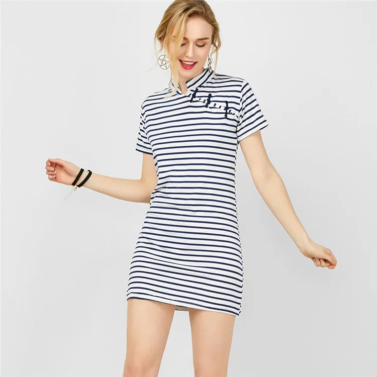 2017 летнее платье в полоску Для женщин темно синий и белый платья с короткими