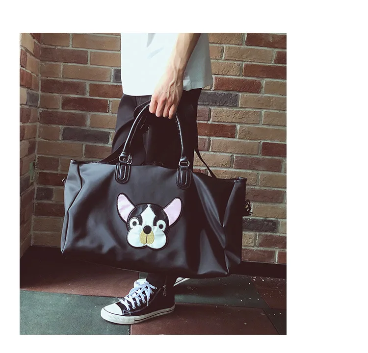 Fashion Casual PU Leather Travel Bags Black Couple Cartoon Dog Embroidery Overnight Weekend Bag Short Trip GYM Big Hand Luggage