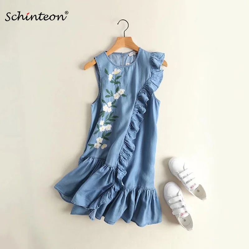 

Schinteon Women Summer Thin Denim Sleeveless Embroidery Dress Ruffles Vintage Tank Dresses