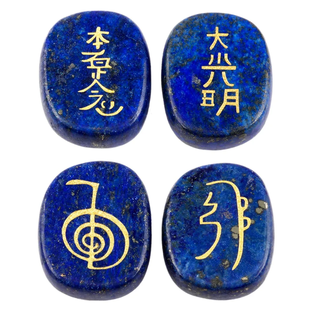 

TUMBEELLUWA 1Set (4Pc) Lapis Lazuli Engraved Stone,Palm Usui Stone Healing Crystal Chakra Reiki Symbols