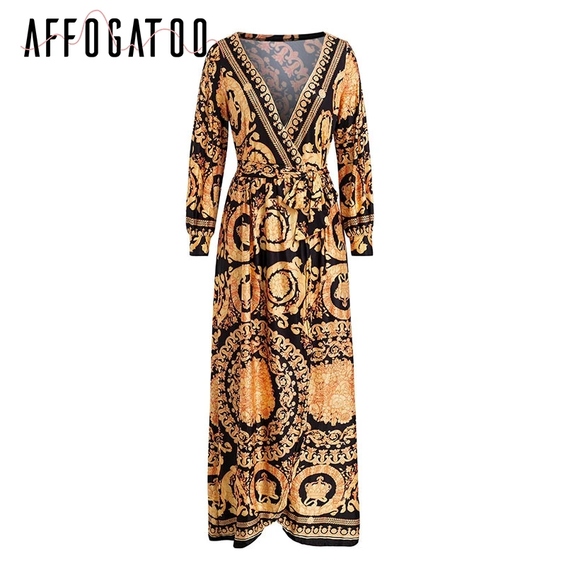 Affogatoo Vintage print gold summer long dress 2019 Elegant sleeve women V neck loose sexy party robe femme | Женская одежда
