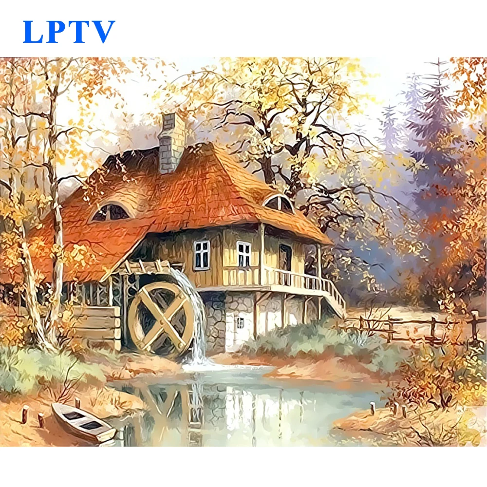 Безрамное оранжевое bungalow водное колесо цифровое масло Paintng Сделай Сам