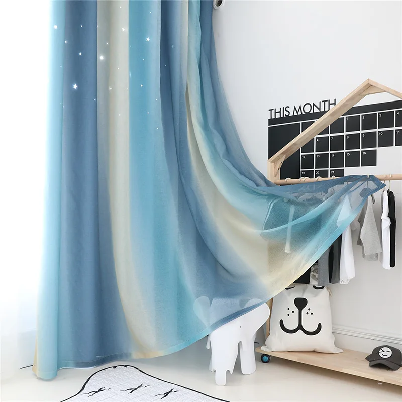1pc curtain Градиент Полосатый фатин и Твердые Полые шторы со звездами для гостиной, спальни, принцессы, на окно, толстая затеняющая занавеска, драпированная ткань - Цвет: 1pc curtain
