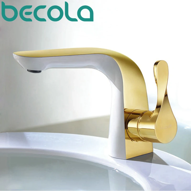 

becola new design bathroom cold and hot mixerfaucet white+gold plated basin faucet fashion white and gold style brass tap B-5902