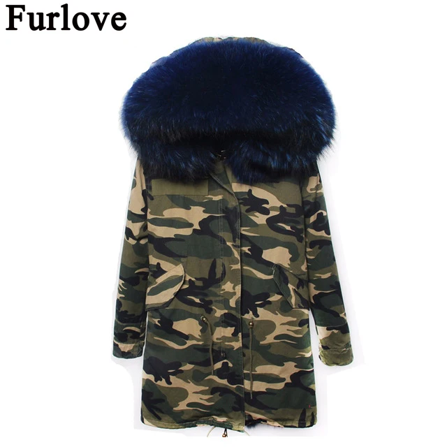 Мех Любовь Женщины Зима Camo Parka большой енота меховым воротником куртка с капюшоном Верхняя одежда 2 в 1 съемная подкладка зимняя куртка фирменный стиль