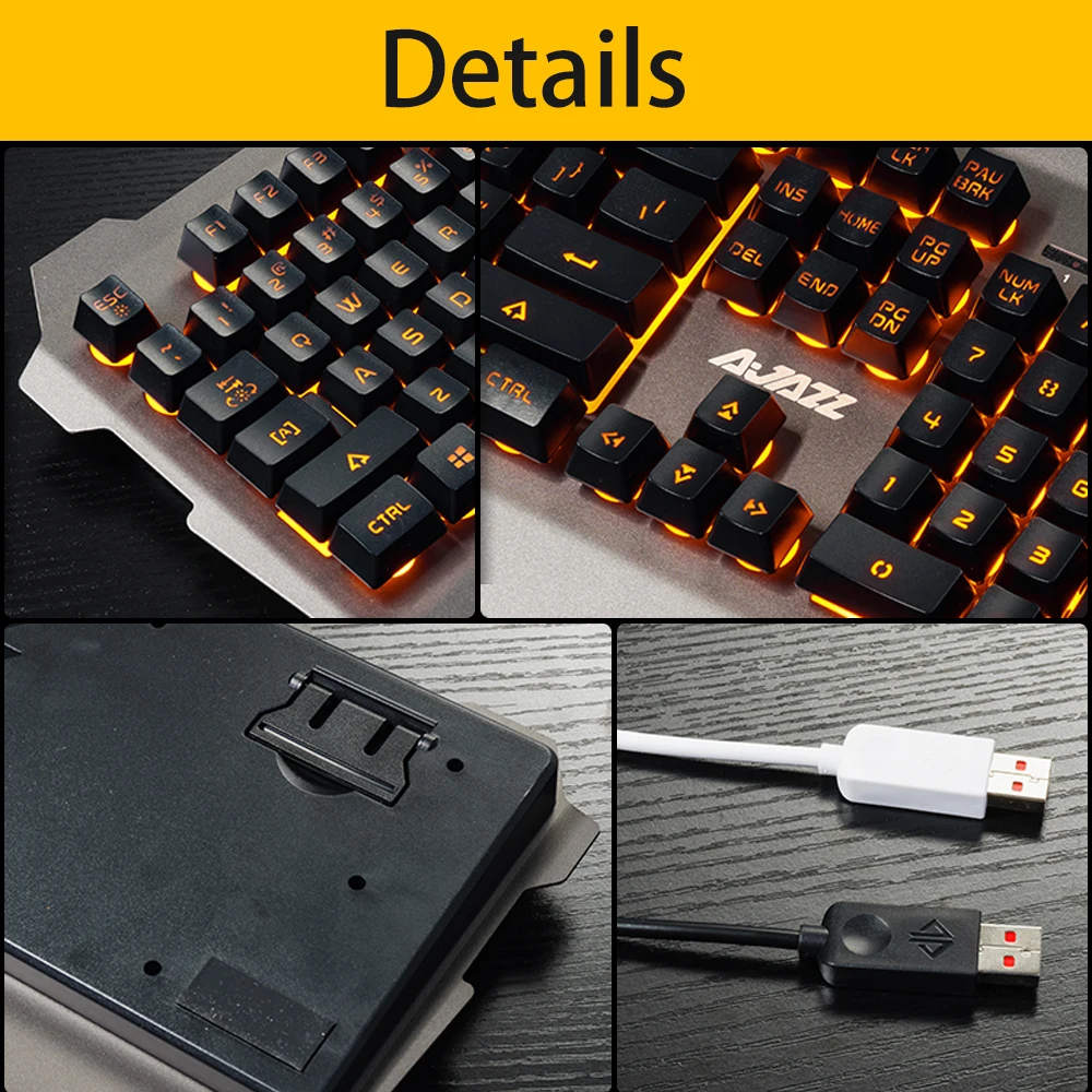 AJAZZ USB Проводная игровая механическая клавиатура с Желтой подсветкой, водонепроницаемая панель из сплава, 104 клавиш для игр, офиса, Черная