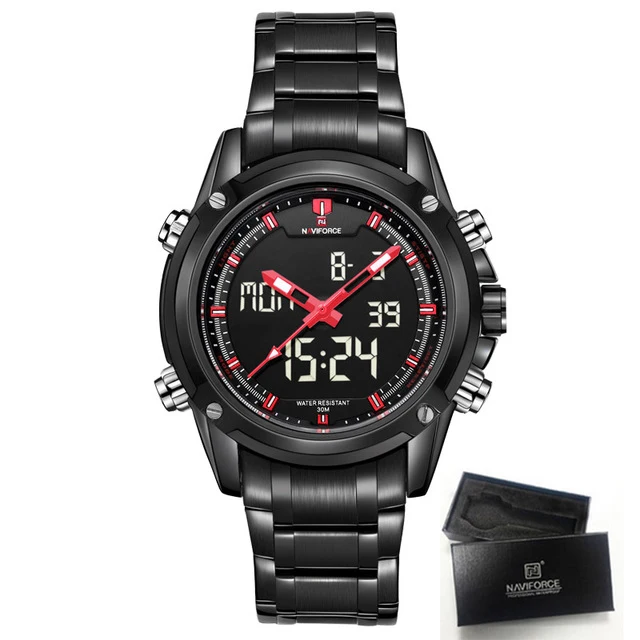 Box and Red Топ люксовый бренд NAVIFORCE мужские спортивные часы мужские кварцевые светодиодный аналоговые часы полностью стальные мужские военные наручные часы relogio masculino - Цвет: Box and Red