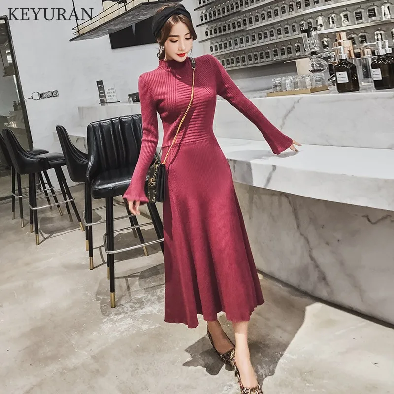 2020 Women Autumn Winter Sweater Long Dress Elegant Sweet Ruffles Sleeve Knitted Bodycon Prom Party Dresses Slim Vestidos | Женская