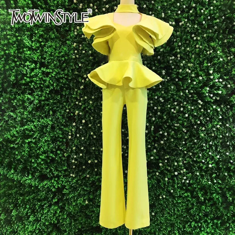 TWOTWINSTYLE леди брюки для девочек костюмы оборками лоскутное Flare рукавом Туника Топы
