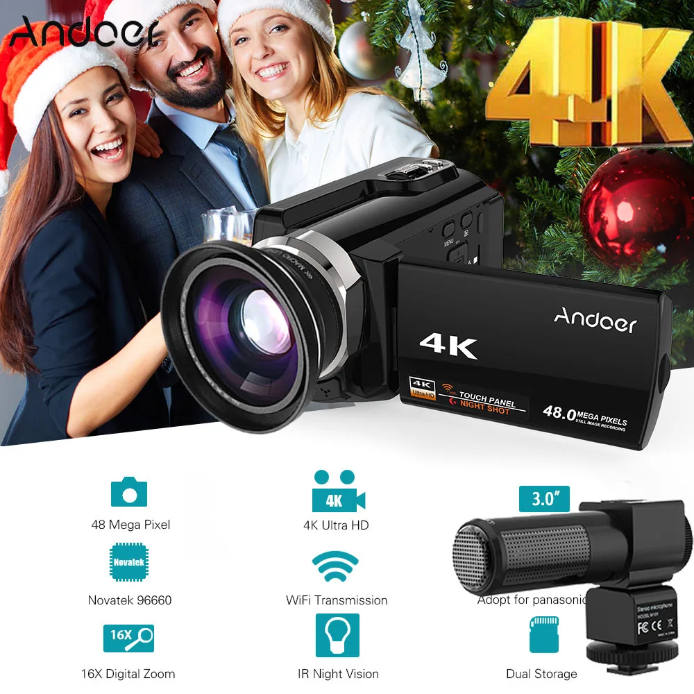 Andoer 4K 1080P 48MP WiFi цифровая видеокамера регистратор с 0.39X широкоугольным