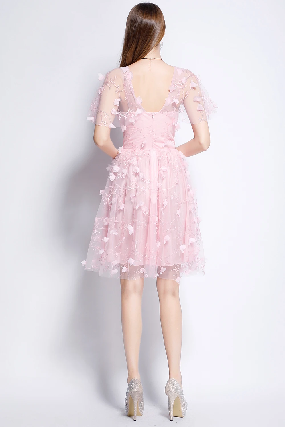 B0009 nuevo vestido de baile de graduación Formal de tul rosa con aplicaciones cortas, vestidos sin espalda con cuello en V y línea a mini