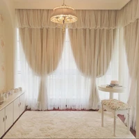 1piece 2layers clothtulle curtains for living room white lace voile decoration and blackout beige fabric for window curtain