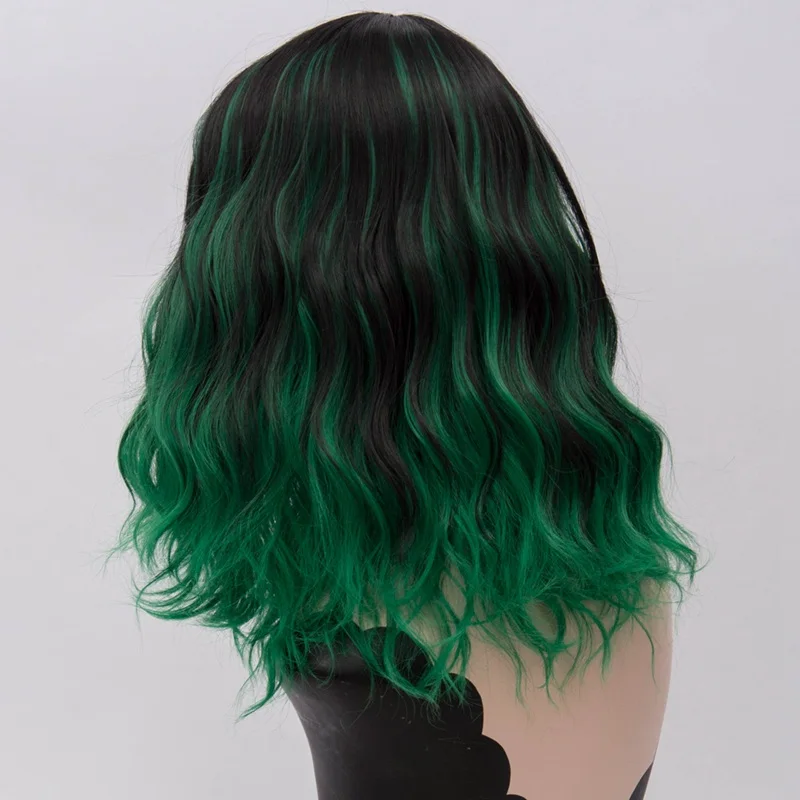 MSI Wigs, короткие синтетические парики для косплея, розовая сетка, блонд, волнистый парик с челкой, натуральный фиолетовый, розовый, Омбре, парики для женщин, 22 цвета - Цвет: T1B Green