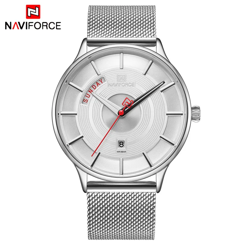 Silver White NAVIFORCE Топ люксовый бренд часы мужские модные стальные сетчатые Кварцевые спортивные часы мужские повседневные деловые наручные часы Relogio Masculino - Цвет: Silver White