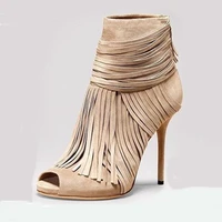 shoes woman charming beige suede fringed heels ankle boots female sexy peep toe strappy stiletto sandal booties real photos