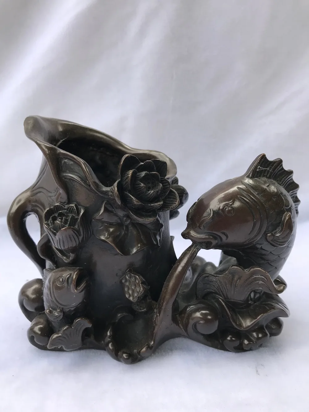 Old Chinese fengshui bronze Auspicious Fish Gourd Lucky Brush Pot pencil vase | Дом и сад