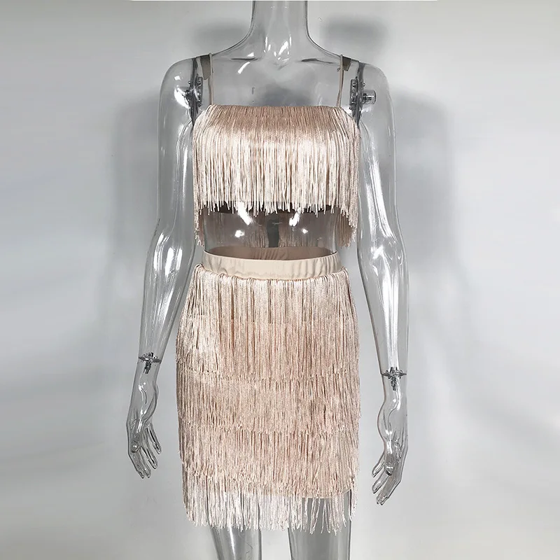 Women sexy club tassel short crop top women tops skirt summer 2 piece set for female two pieces skirts white | Женская одежда