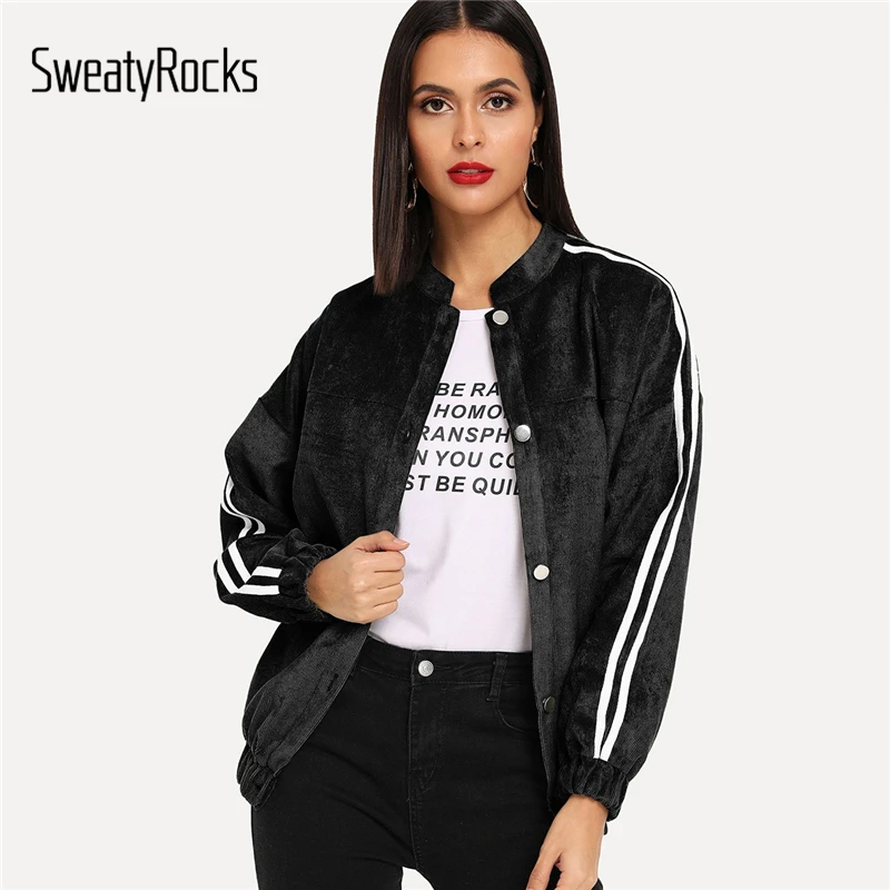SweatyRocks, черная Вельветовая куртка в полоску на пуговицах, уличная куртка-бомбер, весна, повседневные женские пальто и куртки