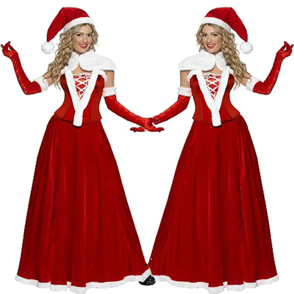 Новое поступление, рождественское длинное платье, Женский Рождественский костюм для взрослых, красные бархатные меховые платья с капюшоном, Женский костюм Санта-Клауса