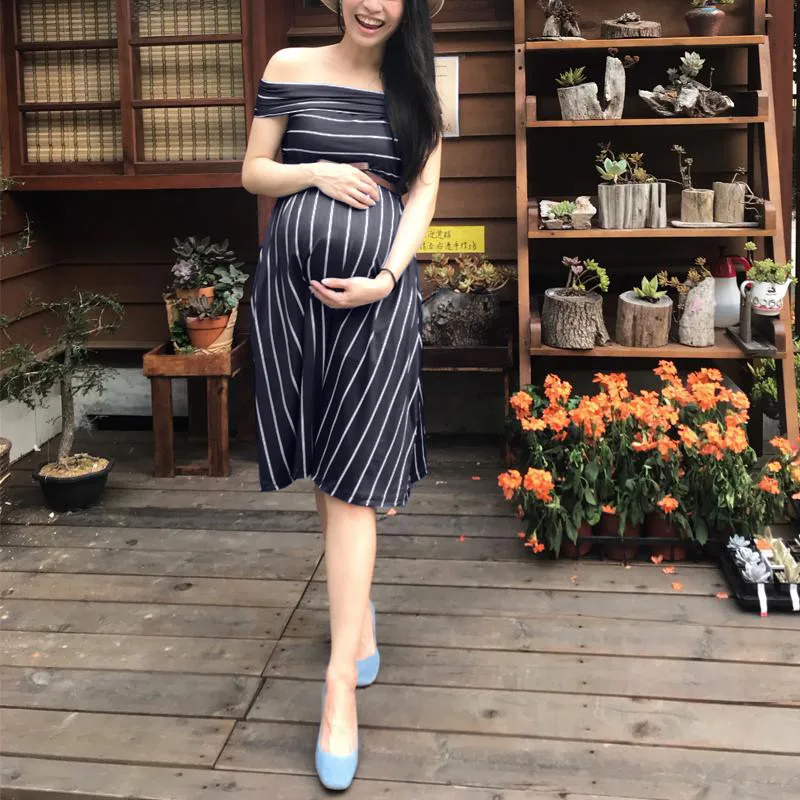 Одежда для беременных платье с открытыми плечами в полоску летнее платья женщин