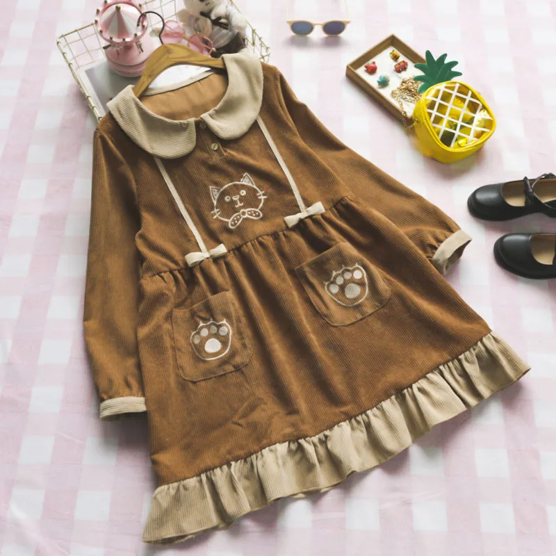 Coffee dress Mori Girl Kawaii повседневное подростковое платье для женщин Япония Лолита Винтаж рюшами Кукла одежда милый кот с длинным рукавом вельветовые платья - Цвет: Coffee dress