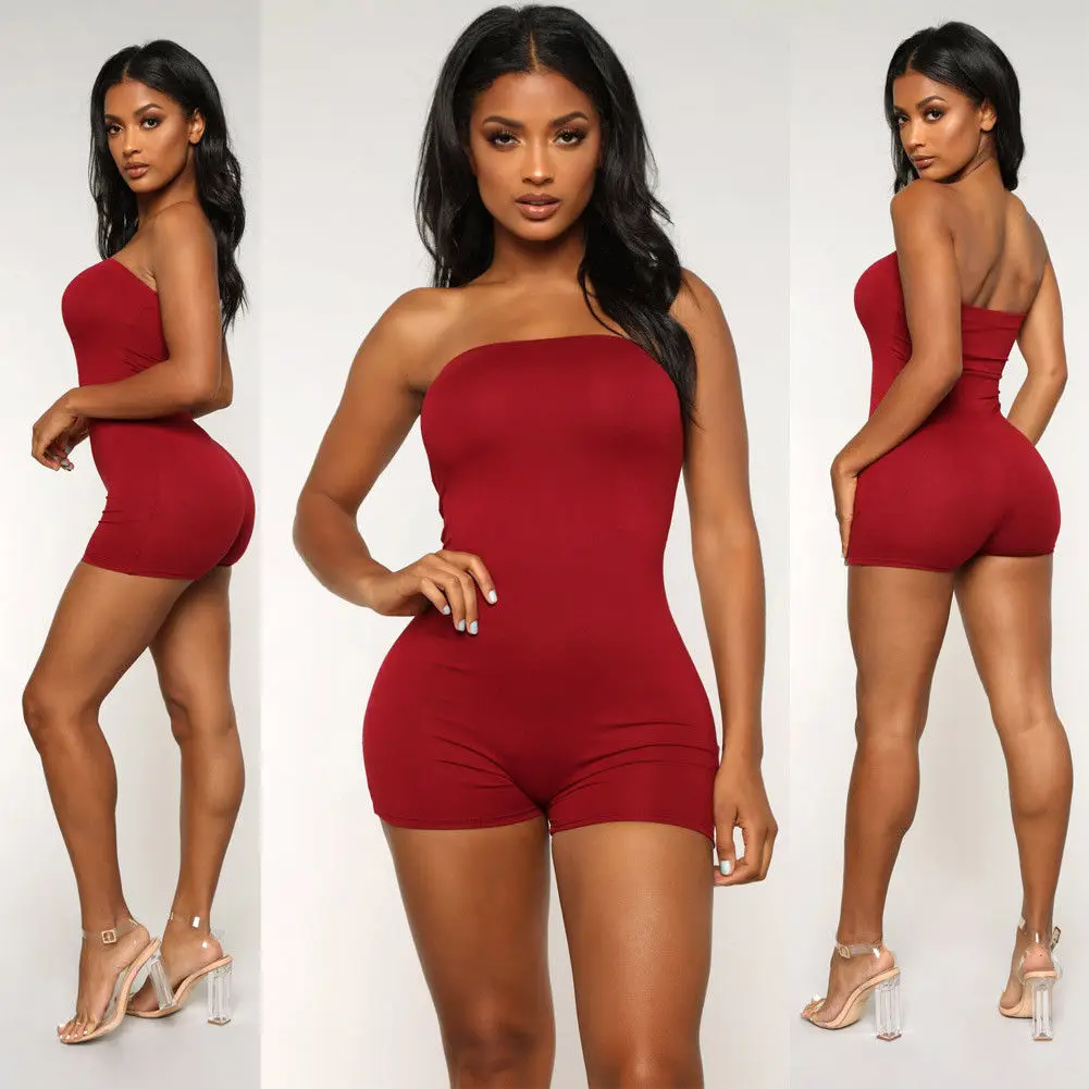 Summer Jumpsuits 2019 New Women Summer Solid Sleeveless Off Shoulder Strapless Simple Skinny Jumpsuit 4