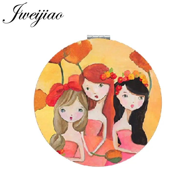 

JWEIJIAO Love Sisters Cartoon Moive Image Printed PU Leather Makeup Gift Mirror Folding Round Mini hand Mirror