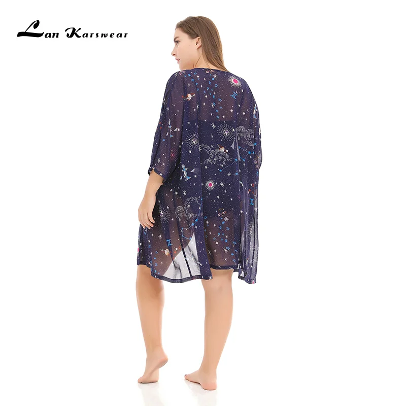 Lan Karswear xxxl летний длинный кардиган однотонный большой размер принт пляж звезда