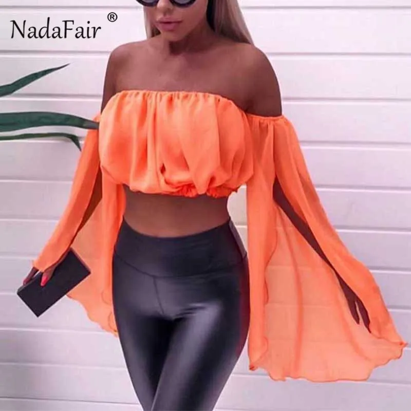 Nadafair неоновый топ с открытыми плечами и блузки женские оранжевые вырезом