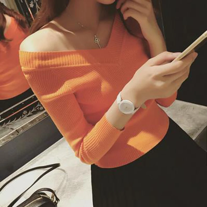 Cute Sweet Tops Women Autumn Basic Wear Off Shoulder Sweaters Orange White Black Red Knitted Pullover Short Crop Top | Женская одежда