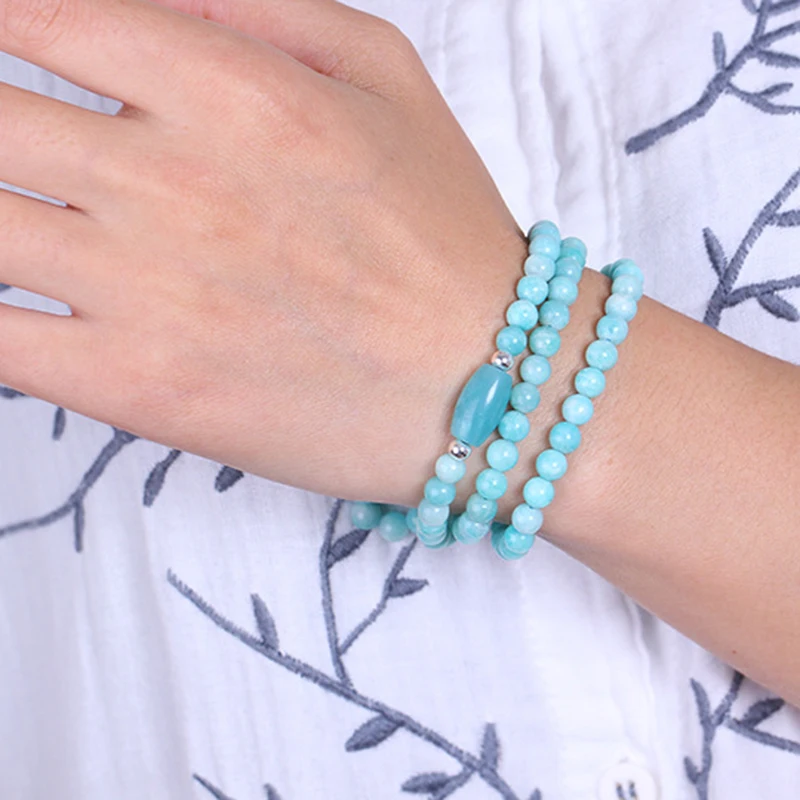 Браслеты Tianhe из натурального камня светло синего цвета круглые бусины с бусинами