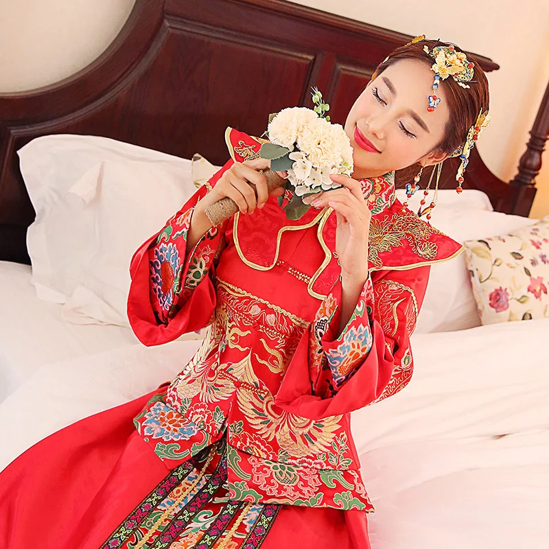 Женское платье кимоно с Фениксом красное свадебное в китайском стиле наряд для