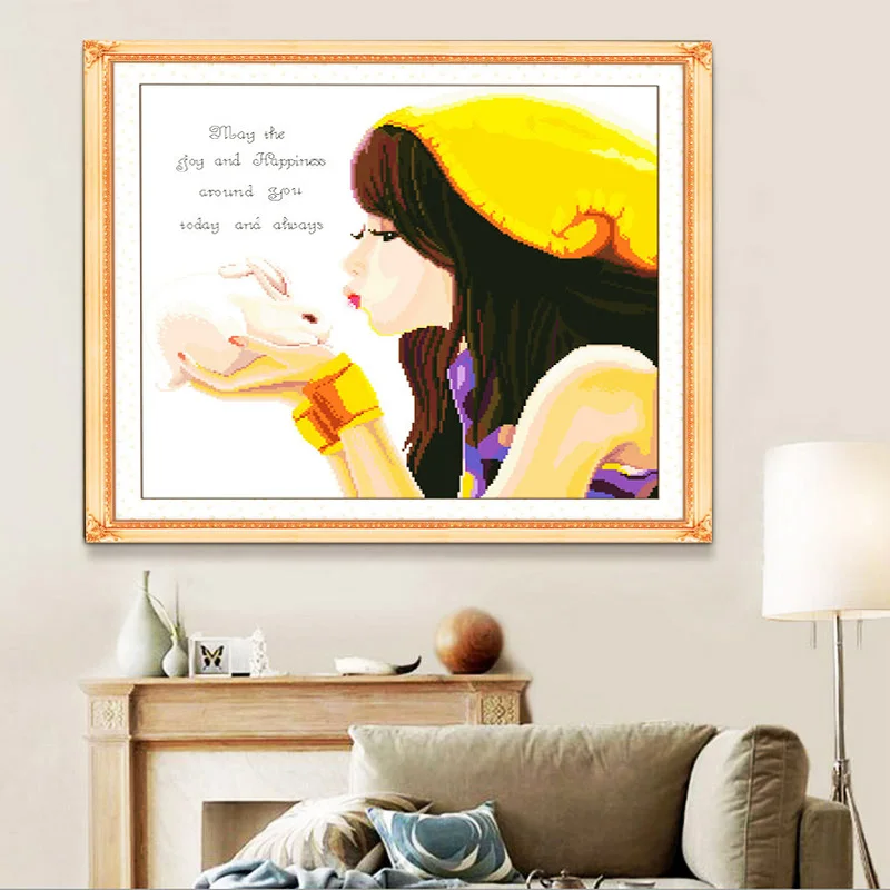 QIANZEHUI Needlework DIY Precision printing warm love Cross stitch Cartoon beautiful girl counted Cross-stitch Wall Home decor | Дом и сад