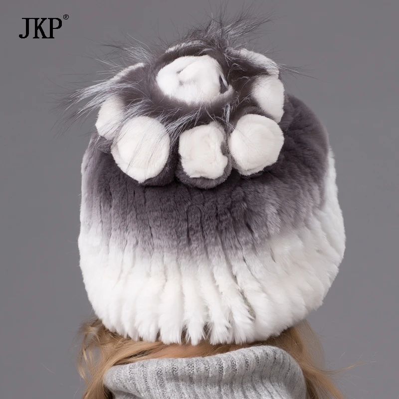 

Genuine Rex Rabbit Fur Hat For Natural Knitted Rabbit Fur Cap Real Silver Fox Headwear Winter Womens Hat