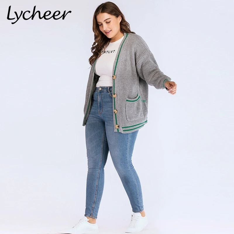 Lycheer плюс размер однобортный полосатый свитер Кардиган Женская одежда Осенняя