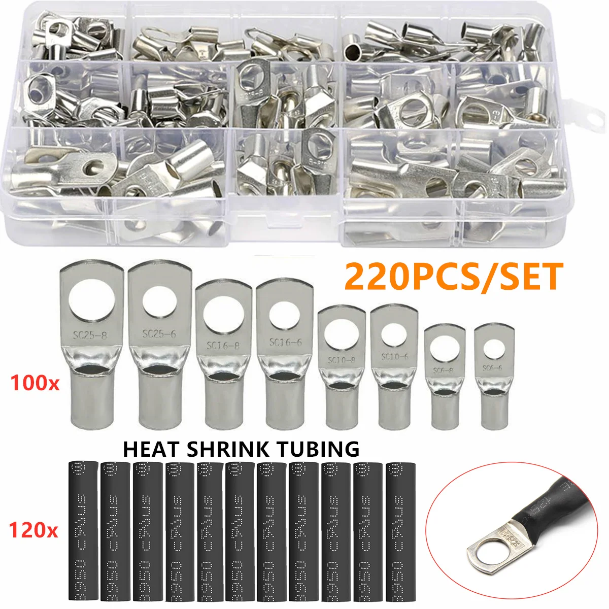 100 CPS Assortment Copper Lug Ring Car Battery Terminals Electrical Wire Crimp Connector With Cover Automotive Kits