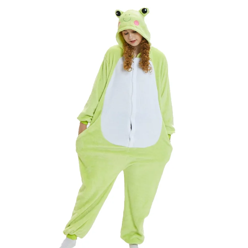 Green Frog Kigurumi Onesie Adult Women Animal Pajamas Suit Flannel Warm Soft Sleepwear Onepiece Winter Warm Pijama Cosplay